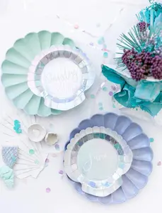 Mermaid Party Paper Plate Cups Napkins Tableware Set of 12 for Kids Birthday Party Decoration Mermaid Theme Bday Celebration Decor Disposable Iridescent Colors 7inch Shell Plates 8oz Cups 5x5 Napkins 7.75 Straw 4.9 Treat Bags
