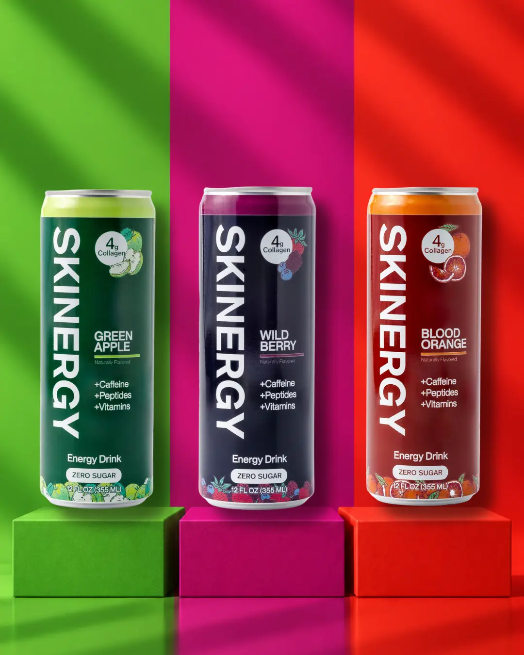 Skinergy Collagen Energy Drink, Zero Sugar, 4g Marine Collagen Peptides, 105mg Clean Caffeine & B Vitamins, Blood Orange, Green Apple & Wild Berry, 12 Pack