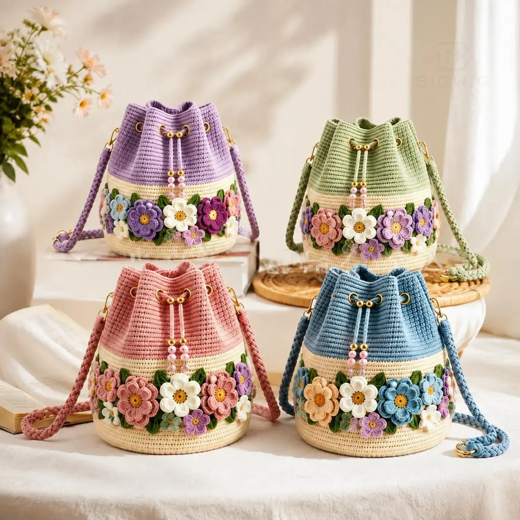 Women's Handwoven Crochet Floral Bucket Bag - 3D Flowers, Adjustable Drawstring, Lightweight, Cute Boho Crossbody Purse for Summer Beach Vacation, Everyday Outing, Sohochic