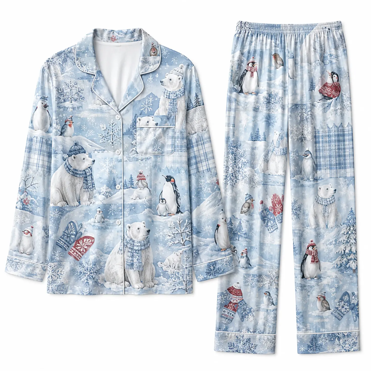 Winter Polar Bear & Penguin Print Long Sleeve Button-Front Pajama Set with Matching Pants