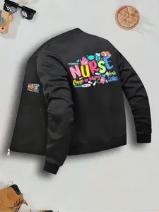 Nurse-Themed Women's Casual Fitted Jacket with Zipper Closure, Pocket Design, Print, Suitable for Outdoor Styles, Daily Wear & Layering