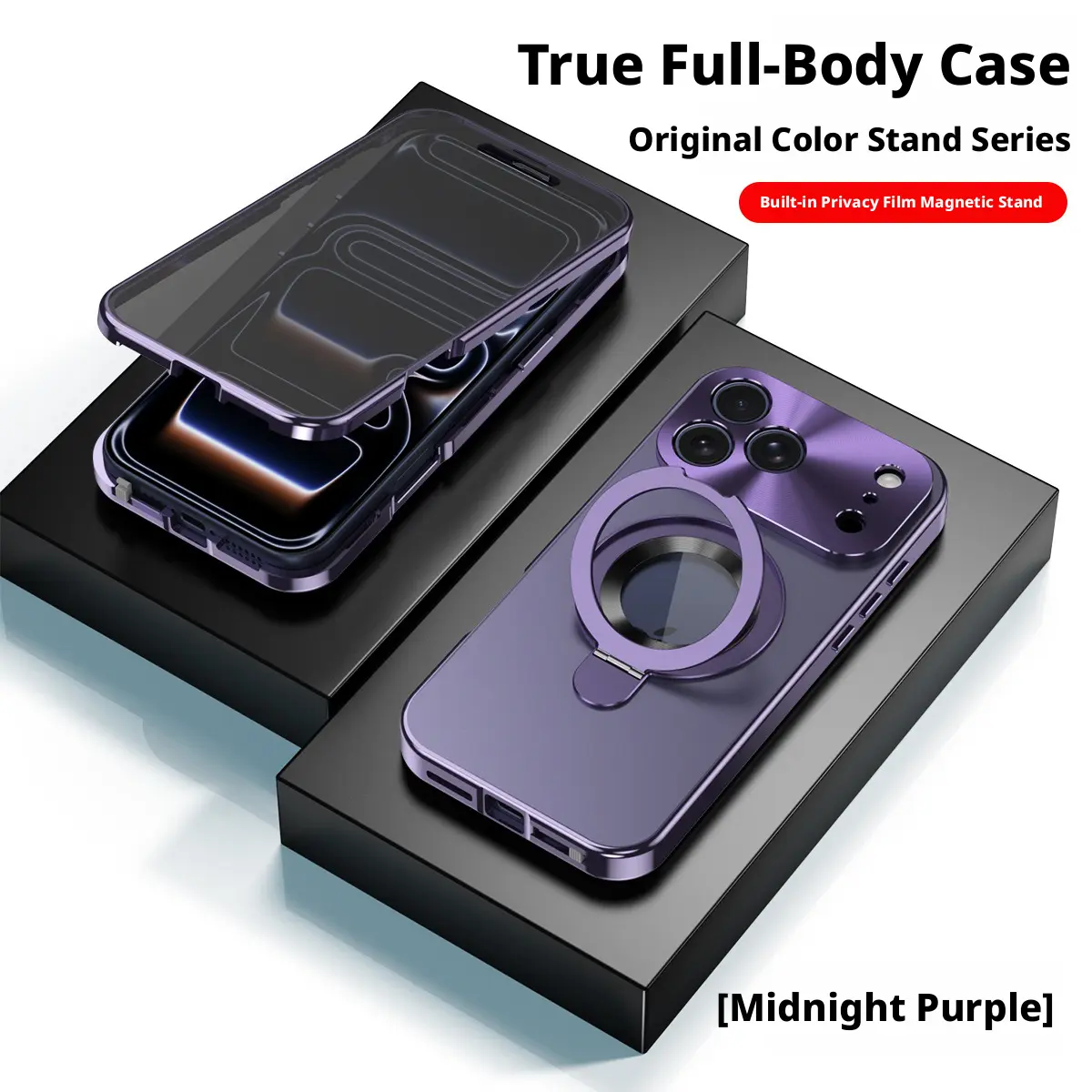 Tempered Glass Magnetic Metal Frame Case with Screen Protector for iPhone 17 Pro Max - Full Cover, Shockproof, Anti-Peep, Integrated Kickstand, Magnetic Mount Compatible, Wireless Charging Supported, Nordic Style Foldable Handheld Support, Wireless Charge