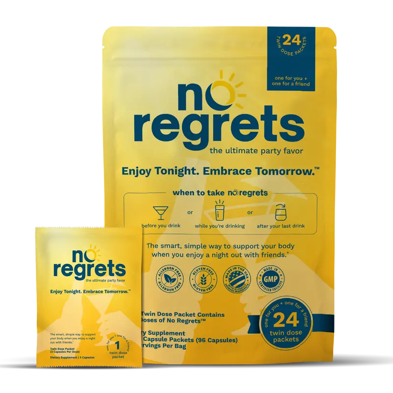 No Regrets — Night-Out Recovery Capsules (4-Capsule Packets) Embrace Tonight. Enjoy Tomorrow.