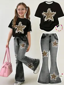 Girls' Fashion Casual Set, Leopard Star Print Bell Bottoms, Comfortable Elastic Waist Pants, Spring Summer Sports Wear, Ages 4-12
