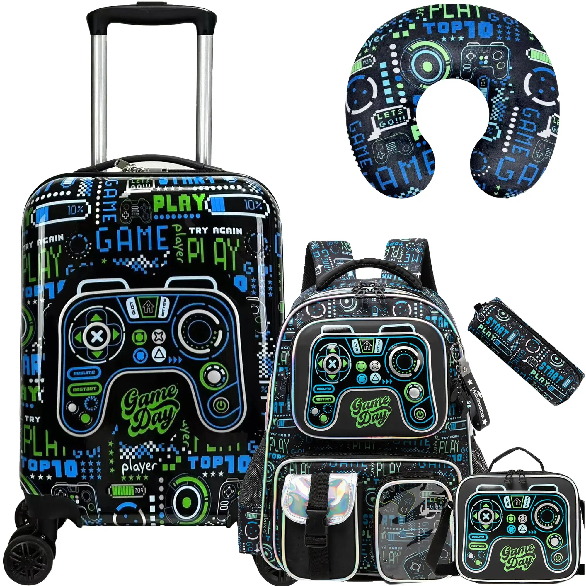 Kids' 5-Piece Rollable Carry-On Luggage Playset - Gaming Theme 3D Game Controller Print, Backpack, Lunch Bag, Pencil Pouch, Neck Pillow, Shoe Pouch, 360° Wheels, Adjustable Straps, Expandable, ABS Plastic, Back to School, Birthdays, Holidays Gift, Back To