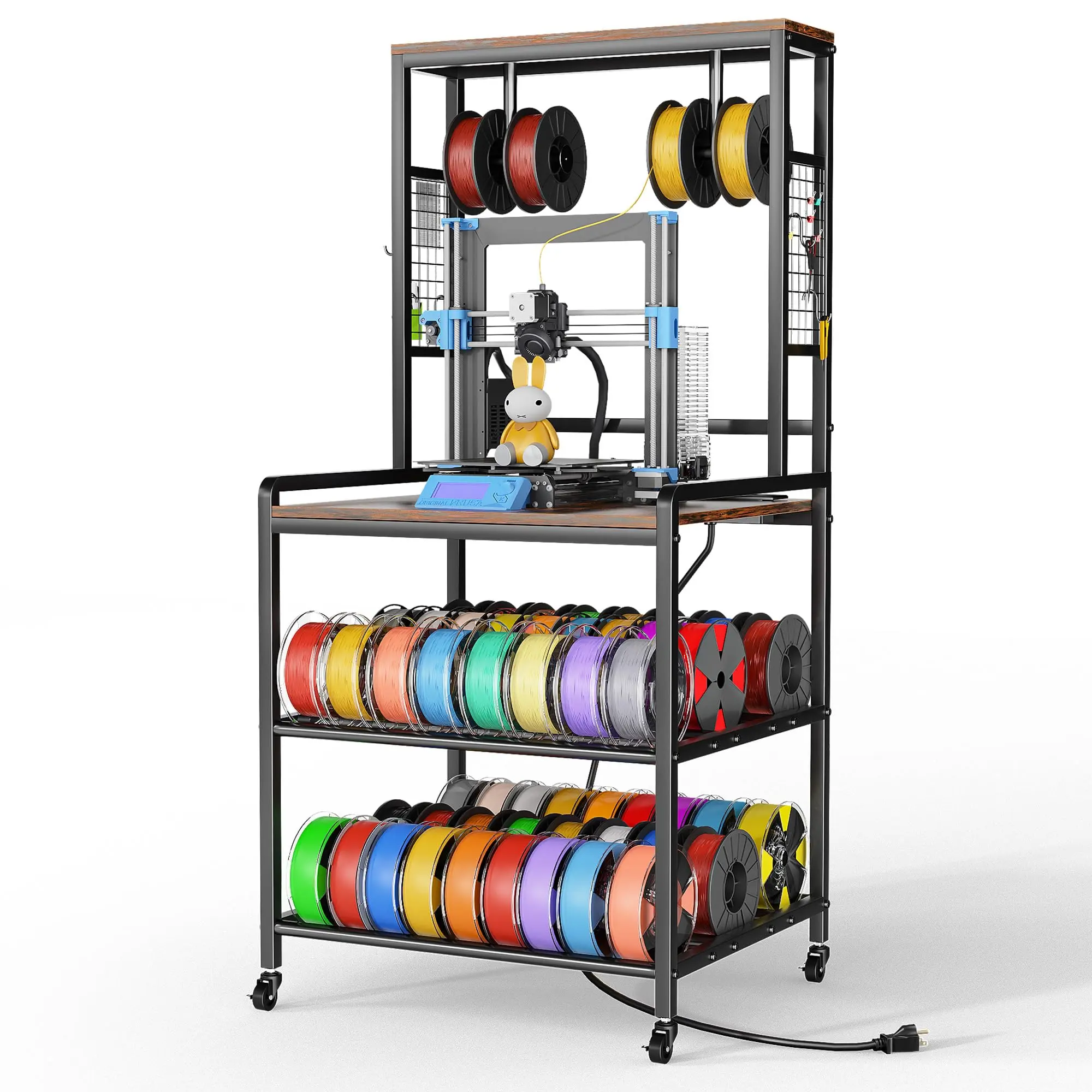 3D Printer Stand Organiser - Durable 3-Layer Rectangle MDF Metal High Capacity Unit with Filament Racks, Heavy-Duty Adjustable Table, 2 AC Power Outlets, Integrated Charger, Rolling Commercial Office Furniture for Workshop, Easy Installation, Printer Stor