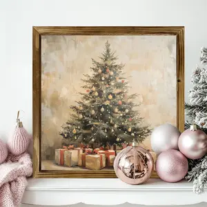 Battery Operated Lighted Wall Art Old Time Christmas Full Color Printed Canvas with LED Lights & Remote Control for Festive Home Decor 20cm x 20cm Solid Wood Frame
