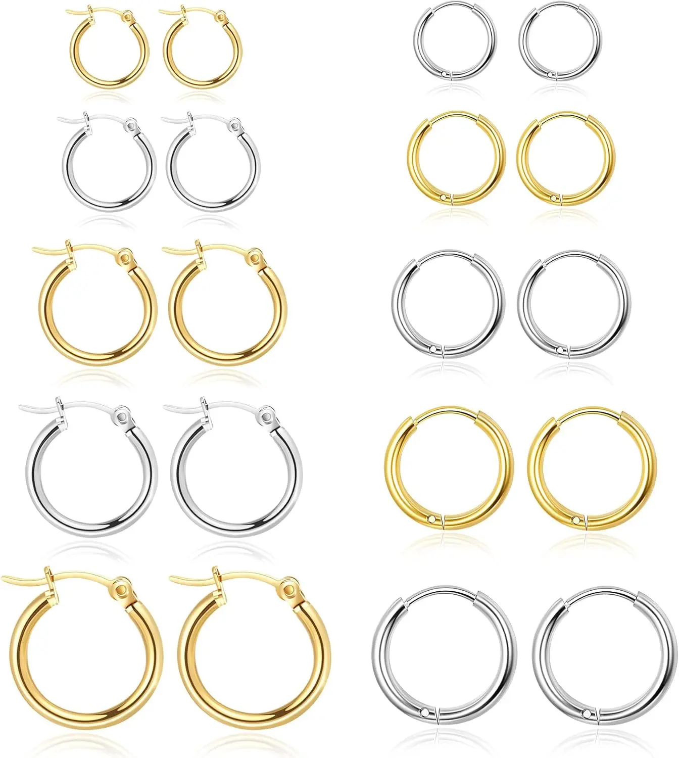 10 Pairs Silver Hoop Earrings Set for Women Surgical Steel Hoop Earrings Lightweight Hypoallergenic Tiny Small Hoops For Girls Men （8mm 10mm 12mm 14mm 16mm）