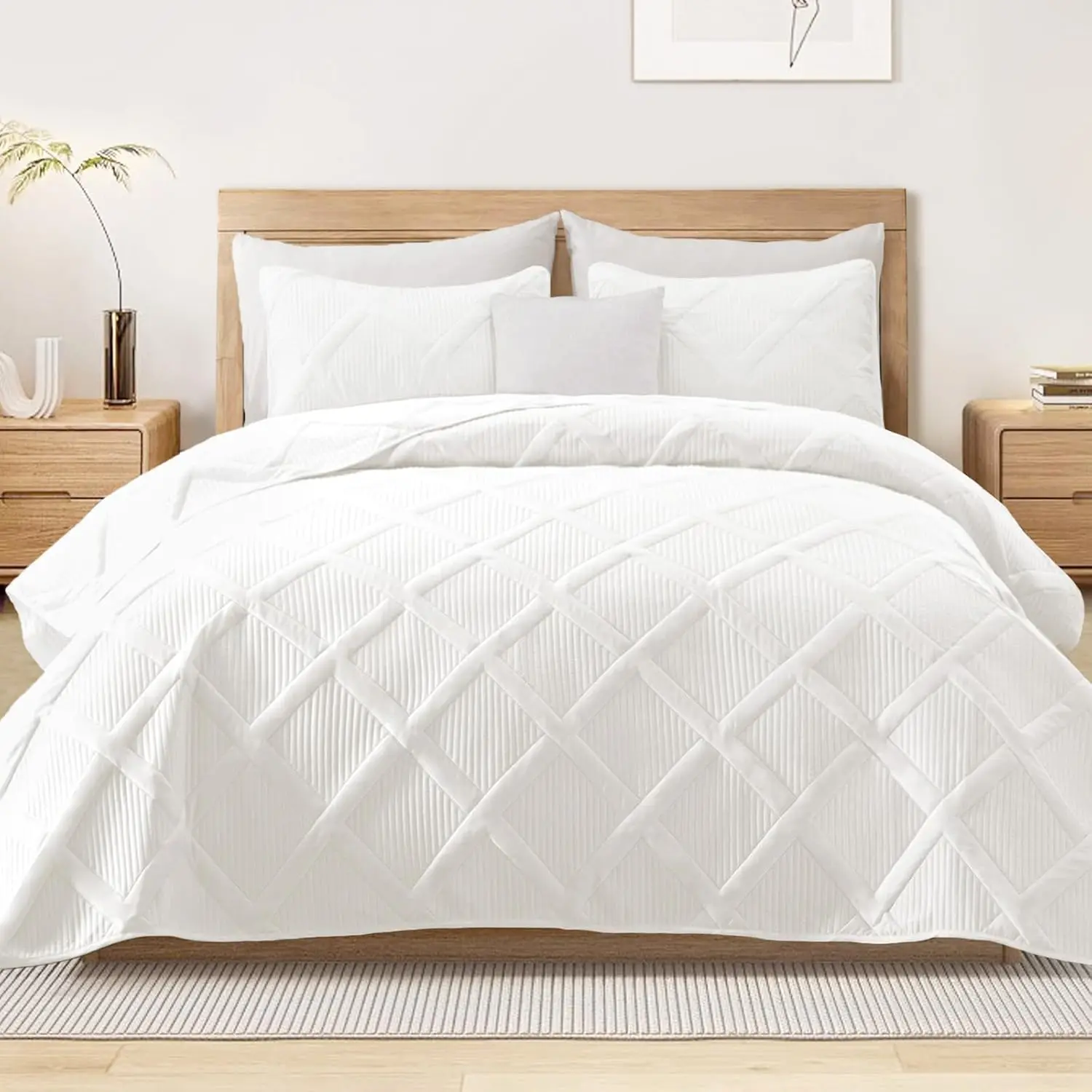 Queen Size - White Set Bedspread with 2 Pillow Shams, Bedding Set with Striped Pattern, Soft Lightweight Bedspreads Queen Size for All