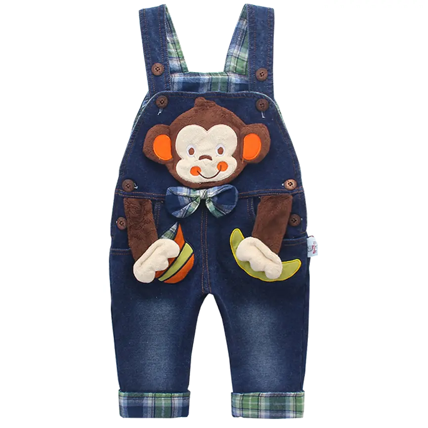 Kidscool Space Infant Outfit Denim Jumpsuit - 3D Graphic Colorful 'Monkey' Embroidery, Soft Stretch Denim, Snap Closure Jean Dungarees for 6M-4T Toddlers, Toddler Jumper, Infant Toddler Clothes, Loose-Fitting