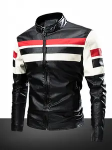 High-quality men's casual fashion windproof, waterproof, abrasion-resistant, scratch-resistant PU leather racing jacket. Versatile trendy patchwork cuffs with zipper closure. Outdoor sports leather jacket. Perfect as a gift for friends.