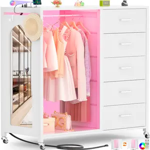 White Dresser for Bedroom with Clothes Rack & Mirror, 5 Fabric Drawers Dresser with Charging Station & LED Lights, Rolling Chest of Drawers with Wheels, Full Length Mirror, Wooden Top, Closet