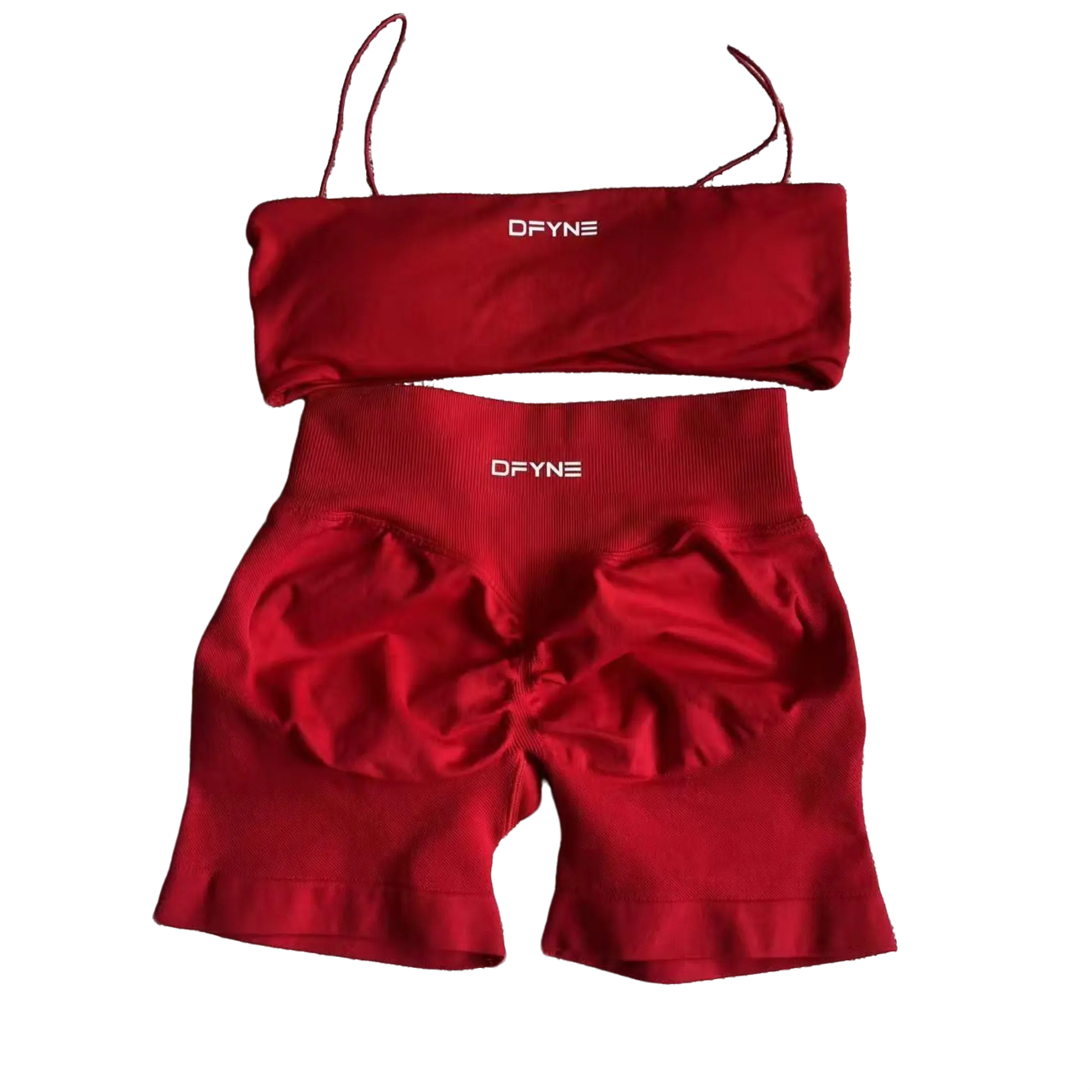 DFYNE Women's 2 Piece Seamless Matching Workout Set - Padded Bandeau Halter Sports Bra Top with Built In Chest Pad & High Waisted Tummy Control Biker Shorts, Buttery Soft Squat Proof Athleisure Activewear Sets