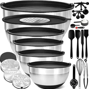 21PCS Premium Nesting Mixing Bowls Set | Stainless Steel with Lids, Graters, Whisk & Complete Baking Utensil Kit