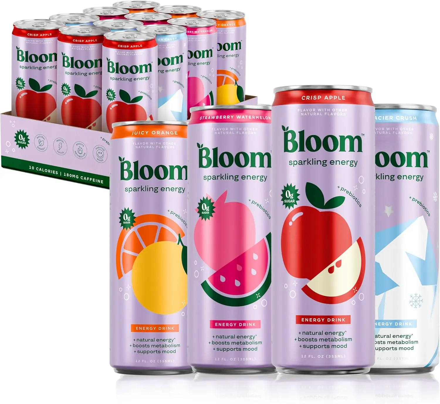 Bloom Nutrition Sparkling Energy Drink Apple Crisp & Glacier Crush Variety Pack, Zero Sugar, 180mg Natural Caffeine, Green Tea Extract, Green Coffee Bean, Prebiotics, Antioxidant Blend, 12 x 12oz Cans