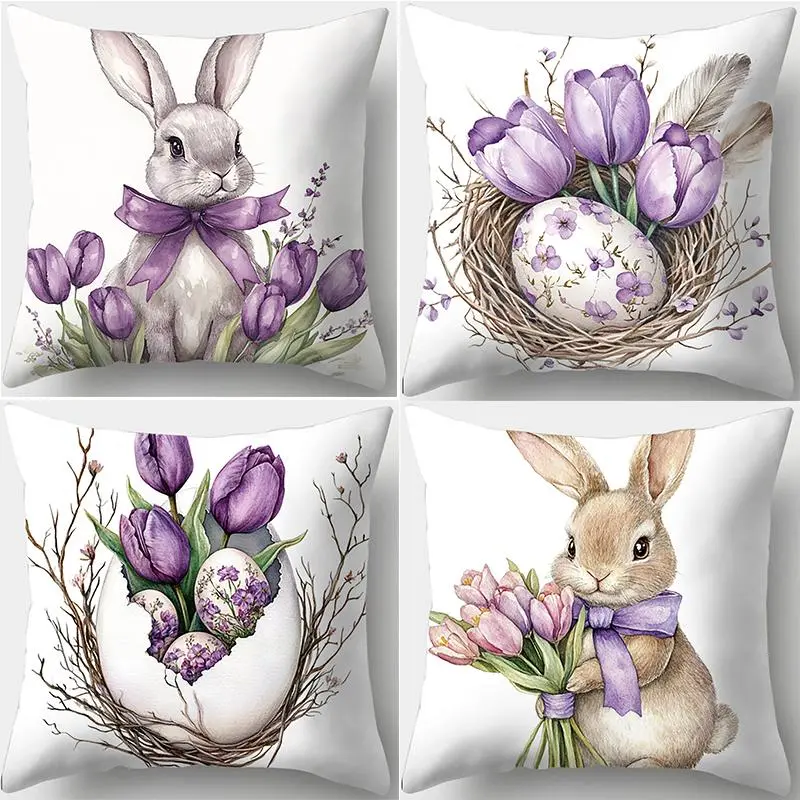 Easter Themed Cushion Cover without Filler, 4 Counts/set Cute Rabbit & Tulip Pattern Cushion Cover, Decorative Pillowcase for Home Sofa Bed