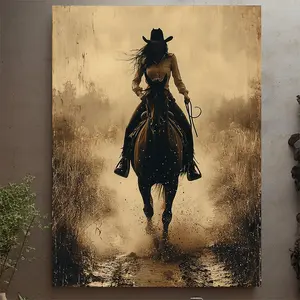 1 piece framed canvas wall art - dynamic cowboy girl riding a horse pattern, brown-toned western ranch life oil painting, vintage wooden frame, hangable home decoration, high-quality print, country style, 2D flat