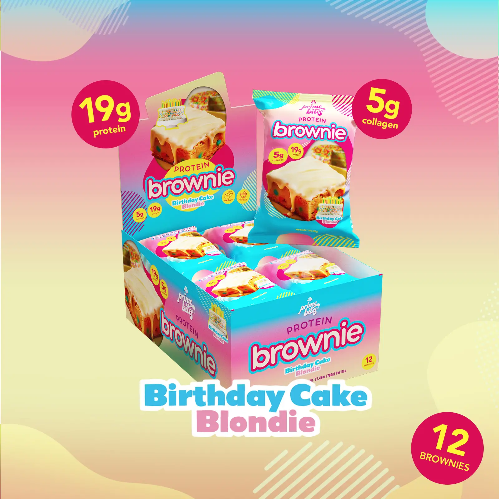 12 Pack - Birthday Cake Blondie Prime Bites High Protein Brownies - Low Sugar & 5G of Collagen