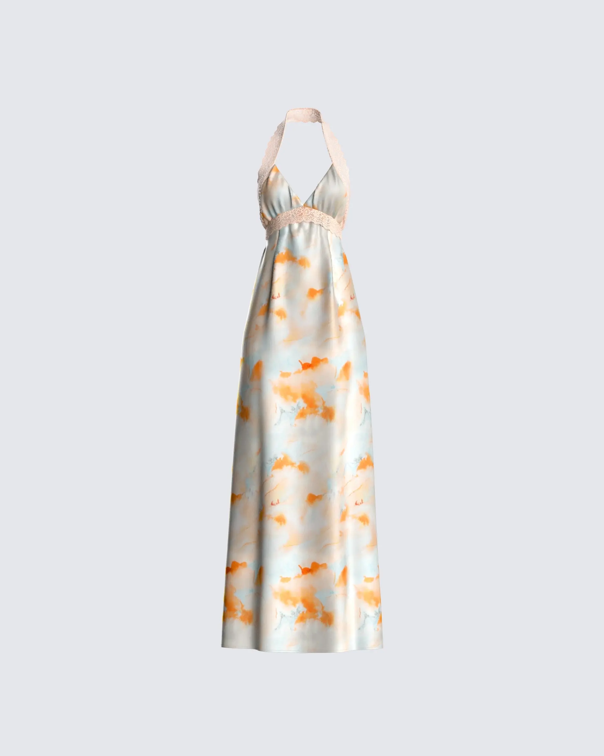 Women's Abstract Print Polyester Triangle Halter Maxi Dress with Lace Trim Empire Waist for Summer Beach Days, Lacy, Graphic, Haltered Necktie, Going Out, Cloud Print, Halter Neck