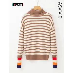 Women's Patchwork Striped Print Drop Shoulder Sweater, Casual Long Sleeve Turtle Neck Jumper for Fall & Winter, Fashion Ladies' Knitwear for Daily Wear