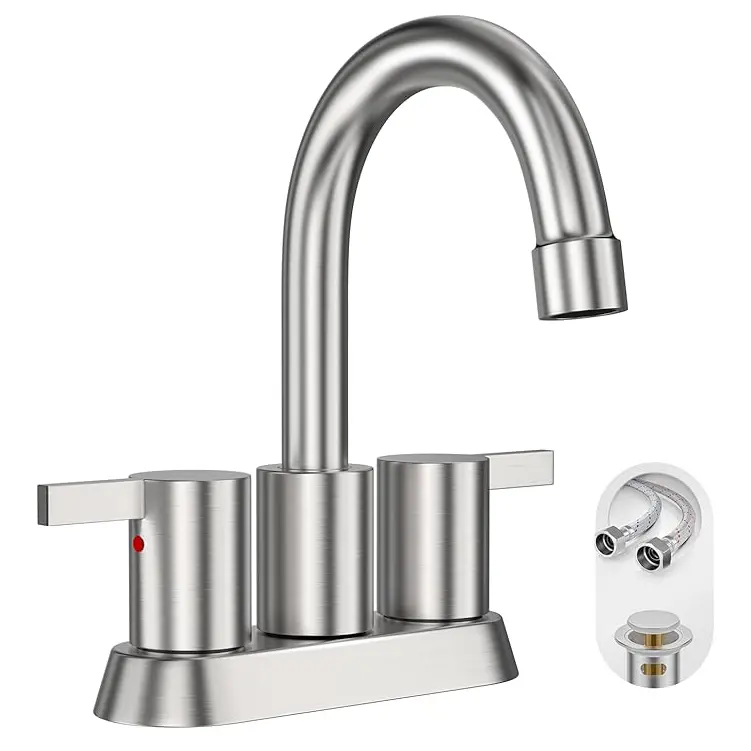Brushed Nickel 4-in Modern Double Handle Centerset Lead-Free Bathroom Sink Faucet - Includes Copper Pop-Up Drain, Water Supply Lines (Faucets for Bathroom Sinks), Double Handle Bathroom Sink Faucets