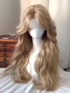 Light golden long curly wig with bangs, heat-resistant synthetic fiber, suitable for role-playing, anime conventionssuitable for daily wear, birthdays, Synthetic Material Wigs