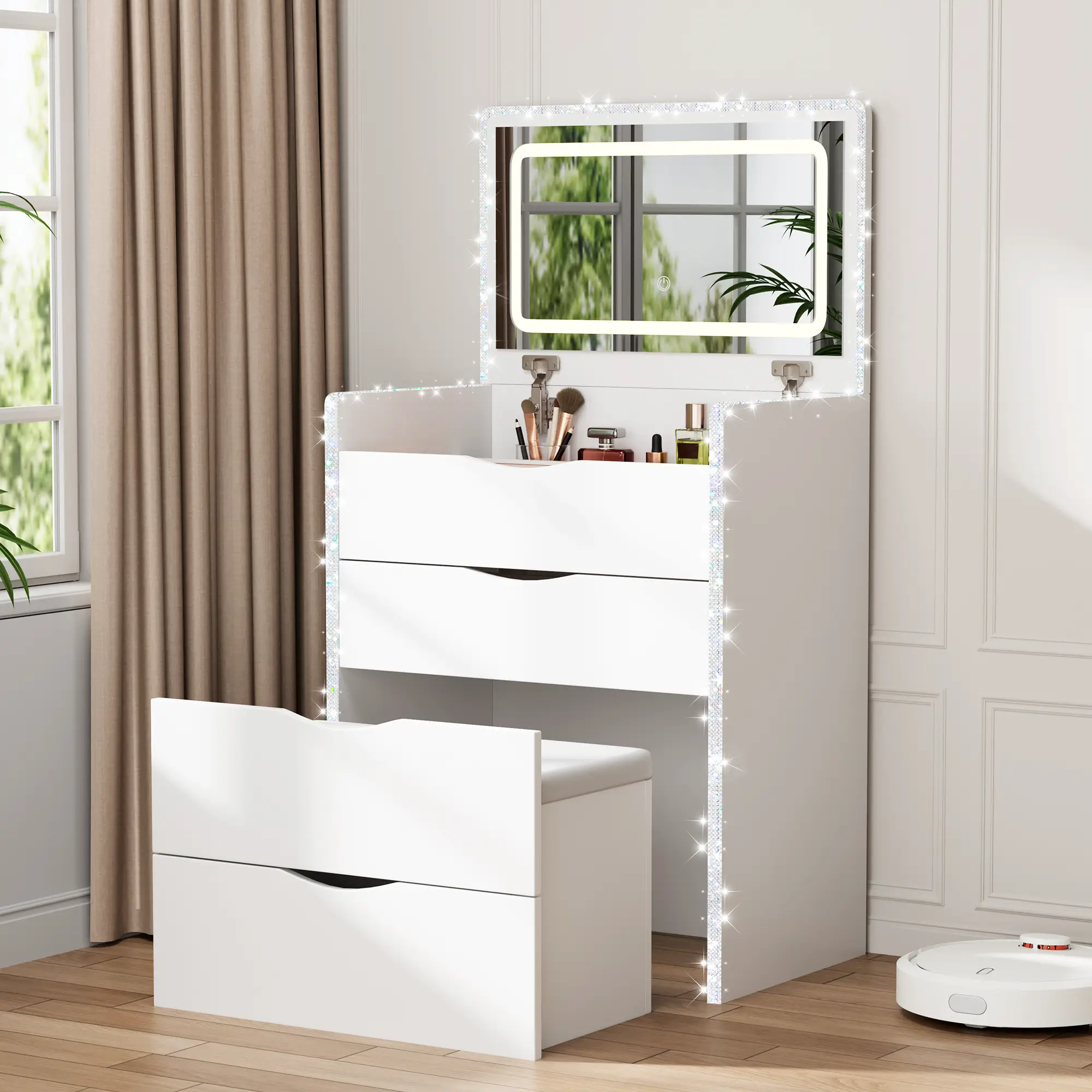 【Widened】Mr IRONSTONE Vanity Desk with Mirror and Lights, 3-in-1 Makeup Vanity Desk & Bedside Table with 5m Diamond Strips, Small Make Up Vanity Set,