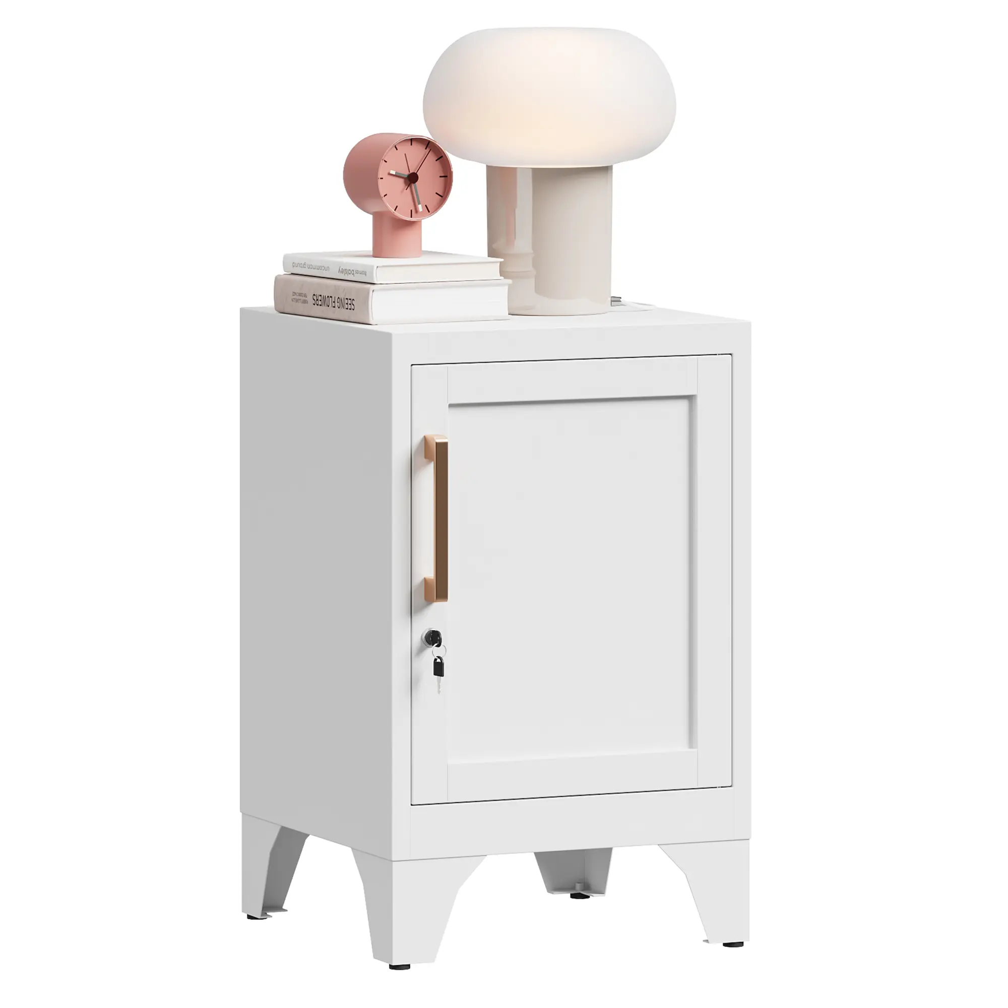 LONGLINK Metal Headboard Cabinet with Lock, Industrial Style, with Open Shelving and Small Storage Compartment, Suitable for Bedroom, Living Room, Dormitory, and Office, White steel construction pantry