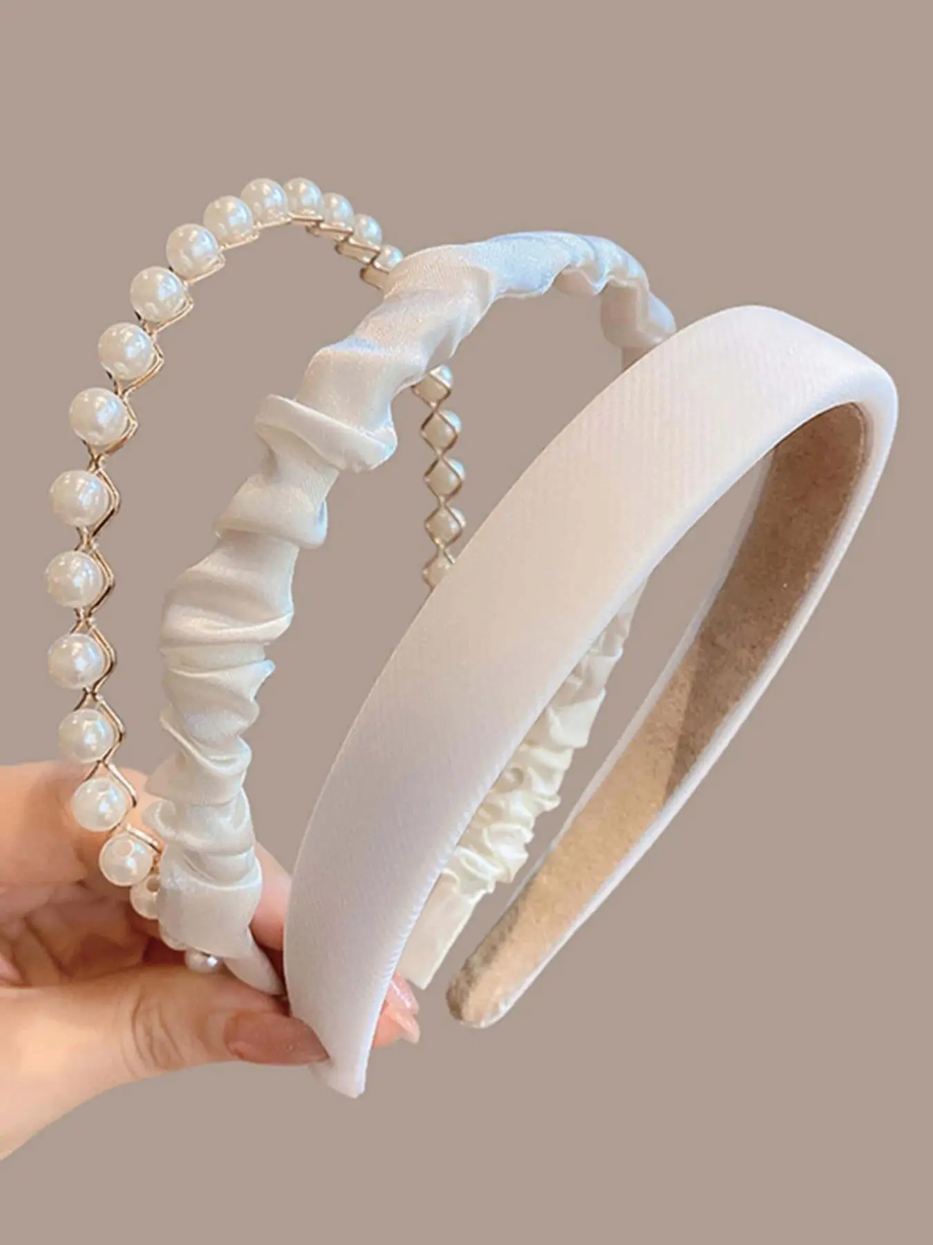 3 Pcs Plain Color Hairbands Set, Metal Fabric Pleated Artificial Pearl Hair Accessories, Elegant Casual Daily Use, High Crown Hair Band, Headband Accessory
