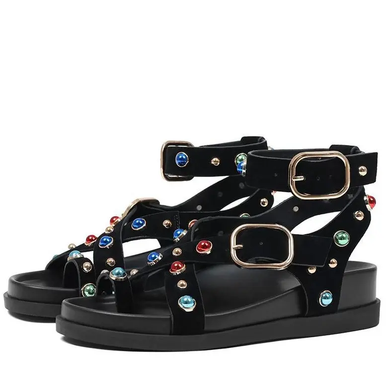 EROCALLI Women's Leather Flat Sandals - Dressy Crystal Strappy Beaded Studded Jazzy Embellished, Adjustable Buckle, Comfortable Walking Footwear for Party, Beach, Walking Shoes