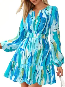 BTFBM Fall Dresses for Women  V Neck Long Sleeve Elastic Waist Boho Beach Vacation Clothes Floral Mini Summer Dress