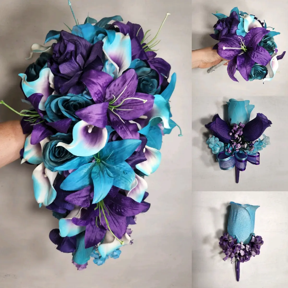 Purple Teal Rose Tiger Lily Bridal Wedding Bouquet Accessories