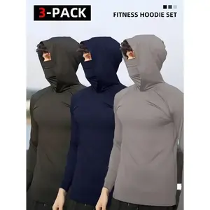 3pcsMen'sSunProtectionHoodieswithFaceMask-Lightweight,HighStretchCompressionActivewearforRunning&FitnessWorkoutClothesGymclothes