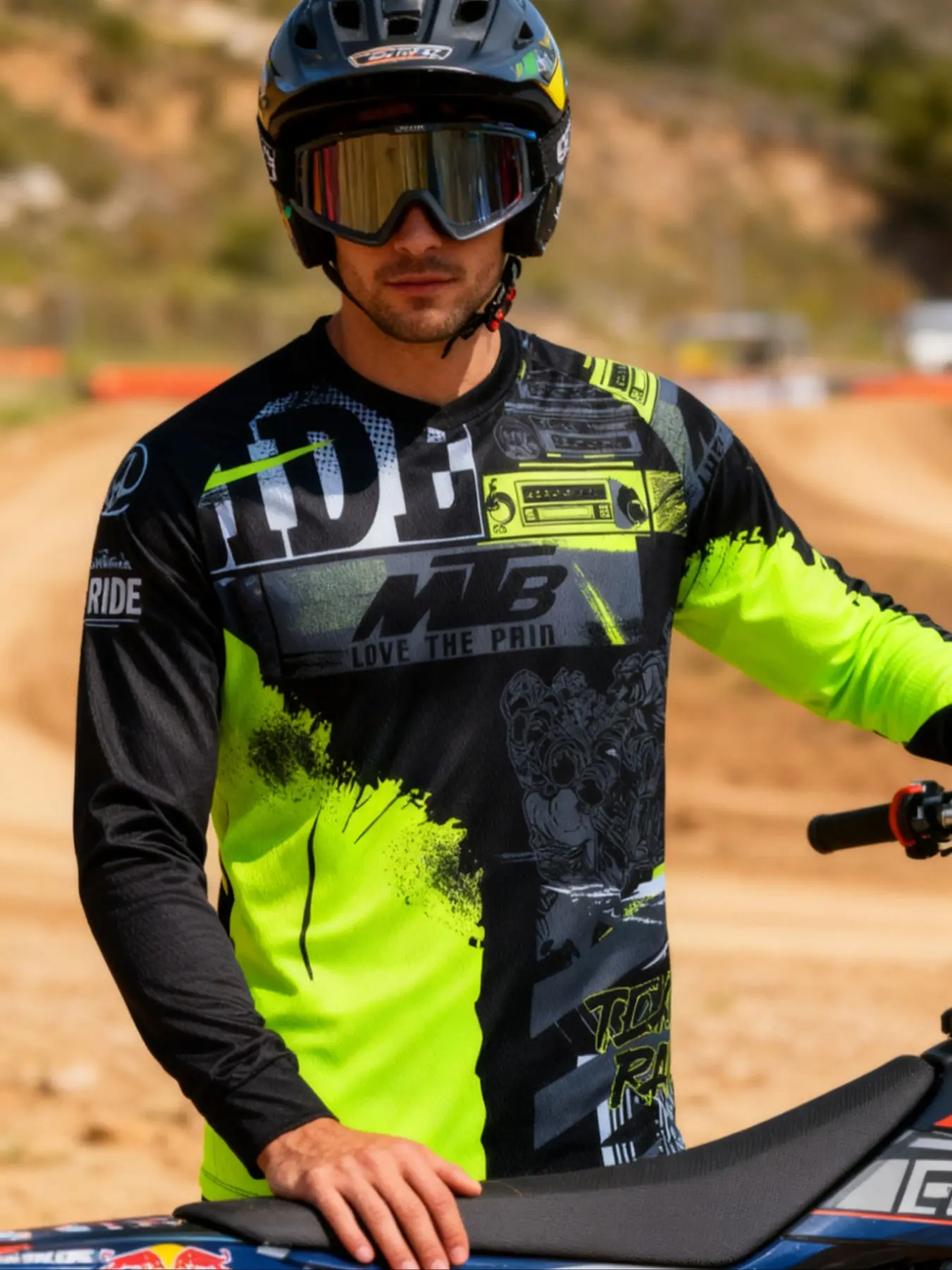Motorcycle Off-Road Long Sleeve Shirt, Sporty Fitted Design, Random Print Pattern, Moderate Fabric Thickness, All Seasons Wear, Athletic Apparel, Athletic Top, Athletic Apparel Tops