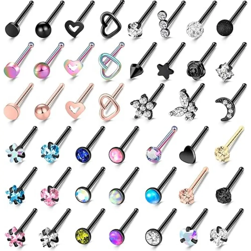 [Party Accessories] 44pcs of 20G Nose Rings, Screws, Nose Rings, Perforated Jewelry Surgery, Stainless Steel Nose Rings, Moon Stars, Heart Butterflies, Hypoallergenic Body Perforated Jewelry Suitable for Daily Jewelry Styling and Party Accessories Summerv