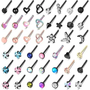 [Party Accessories] 44pcs of 20G Nose Rings, Screws, Nose Rings, Perforated Jewelry Surgery, Stainless Steel Nose Rings, Moon Stars, Heart Butterflies, Hypoallergenic Body Perforated Jewelry Suitable for Daily Jewelry Styling and Party Accessories Summerv