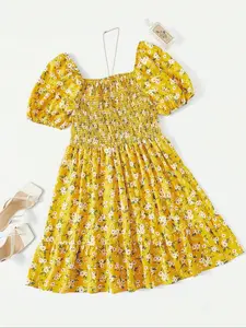 Women's Plus Size Plain / Ditsy Floral Print Shirred A Line Dress, Boho Ruffle Hem Square Neck Dress for Beach Vacation Holiday, Women's Clothes for Summer