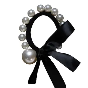 Posh -Premium Black Hairband & Bracelet with Imitation Pearls One-Size Cotton Accessory for Everyday Versatility