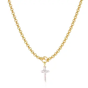 Tewiky Cross Necklace for Women - Dainty 14K Gold Plated Chunky Cross Pendant Necklaces Trendy Toggle Clasp Choker Chain Charm Jewelry For Easter Valentine's Day gifts