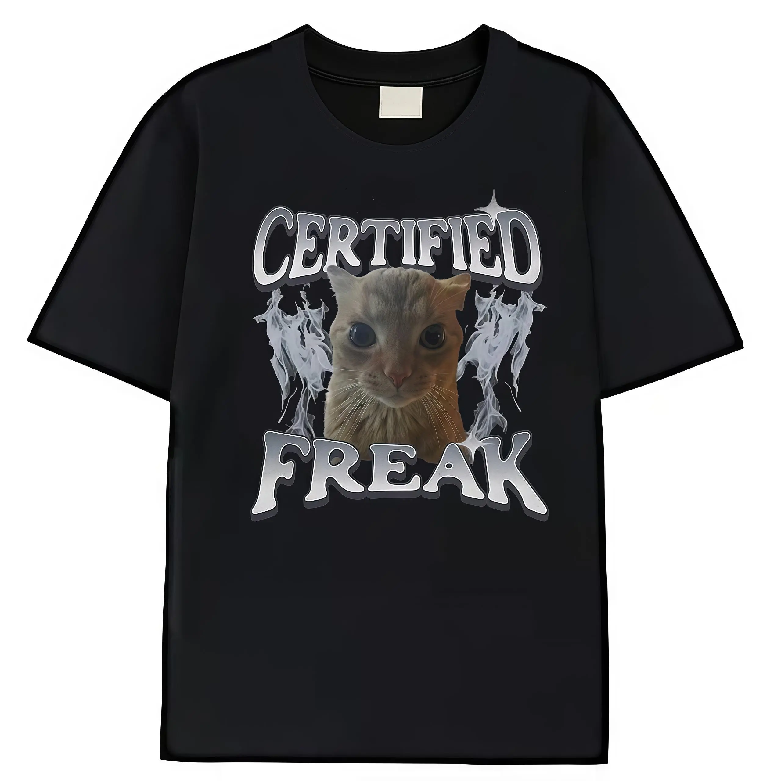 Women's Graphic T-Shirt, Funny "Certified Freak" Cat Meme, Vintage Style, Soft Short Sleeve, Loose Fit for Everyday Casual Wear, Tops, Shortsleeve, Meme Shirts, Graphic Tee, Funny Vibes, Wrap, Graphic Print