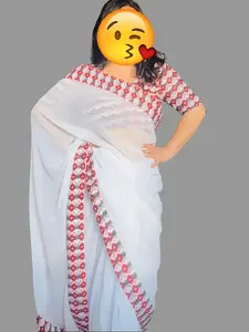 Dhaka Border Saree Set - Pure Cotton, White with Dhaka Border, Includes Saree, Stitched Blouse, and Stitched Petticoat, Ideal for Festivities and Daily Wear - Womenswear, Clothes