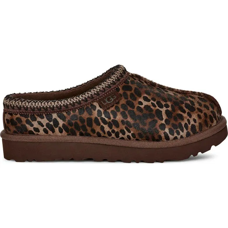UGG Women's Authentic Tasman Slipper-Sneakers Slide Footwear - 1158350-BCDR Burnt Cedar Brown, Caspian Leopard Print Calf Hair, Braided Fur, Fuzzy Cozy Shoe