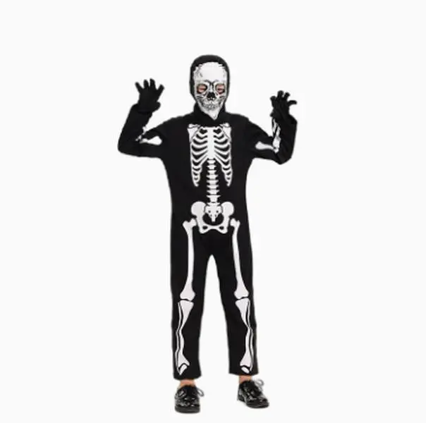 Kids Halloween Skeleton Costume, Black Bone Print Jumpsuit Outfit, Spooky Skeleton Bodysuit for Boys Girls, Trick or Treat Costume, Party Dress Up & Photos