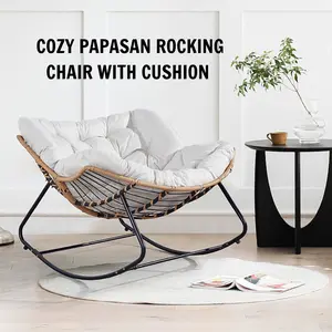 Cozy Papasan Rocking Chair with Cushion – Modern Rattan Lounge Chair, Indoor Relaxing Accent Chair for Living Room & Bedroom