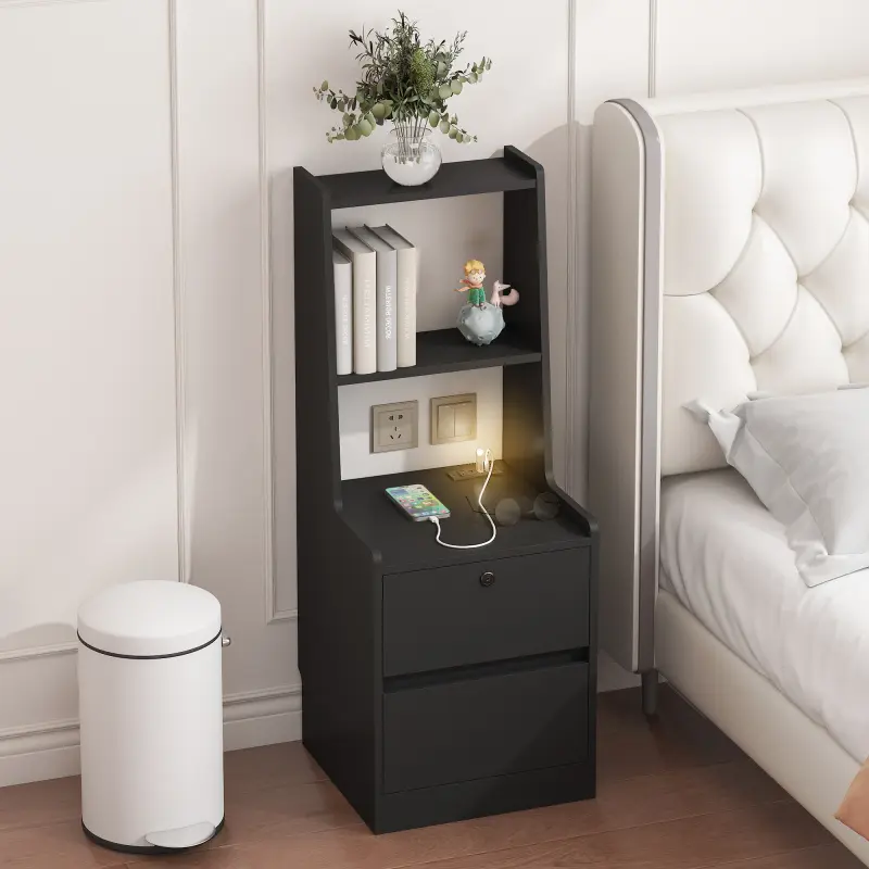 Bellemave MDF Foldable Bedroom Nightstand - Modern Space Saving Furniture for Small Spaces/Dorm Room Ideas, 15.74"x15.74"x41.14"H, 2-in-1 Charging Station (1 AC Outlet, 2 USB Ports), Voice-Controlled RGB Light, Book Stand Shelf, Storage Cabinet (Black)