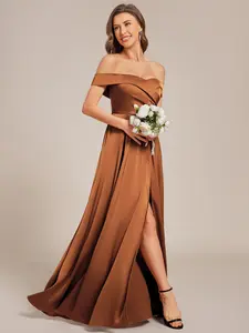 Ever-Pretty Off Shoulder Lace-Up High Slit Satin Bridesmaid Dress 02319