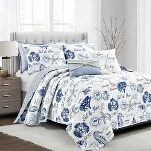 Lush Decor Harbor Life Reversible Quilt Set, Featuring Seagulls and Ocean Themes