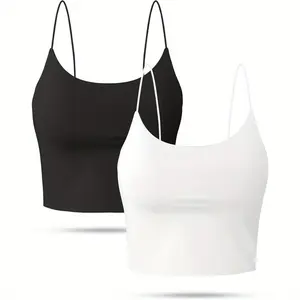 Two women's camisole tops, double-layered thin-strapped cropped tank tops, basic style.