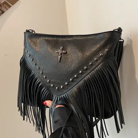 Women's Fashionable Tassel Design Cross Accent Crossbody Bag, Casual Solid Color PU Leather Zipper Shoulder Bag with Adjustable Strap for Daily Use, Trendy All-match Bag