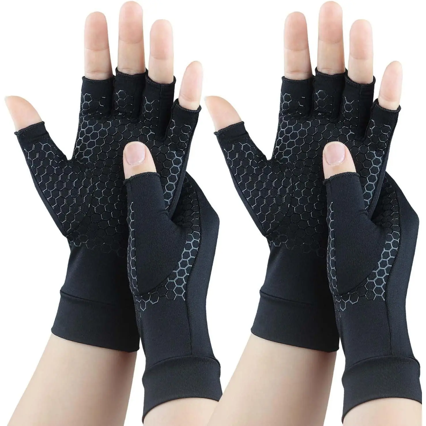 Copper Infused Arthritis Compression Gloves (2 Pairs, Large) - Unisex Adults' Arthritis Aid, Pain Relief for Carpal Tunnel, Fingerless for Typing, Healthcare Home Supply